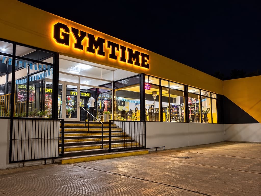 Fachada de Gym Time iluminada de noche